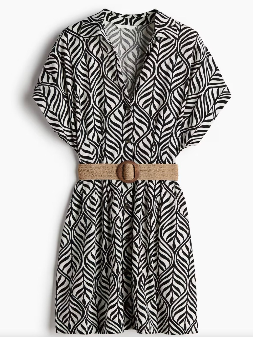H&M Black & White Leaf Print Button-Front Dress